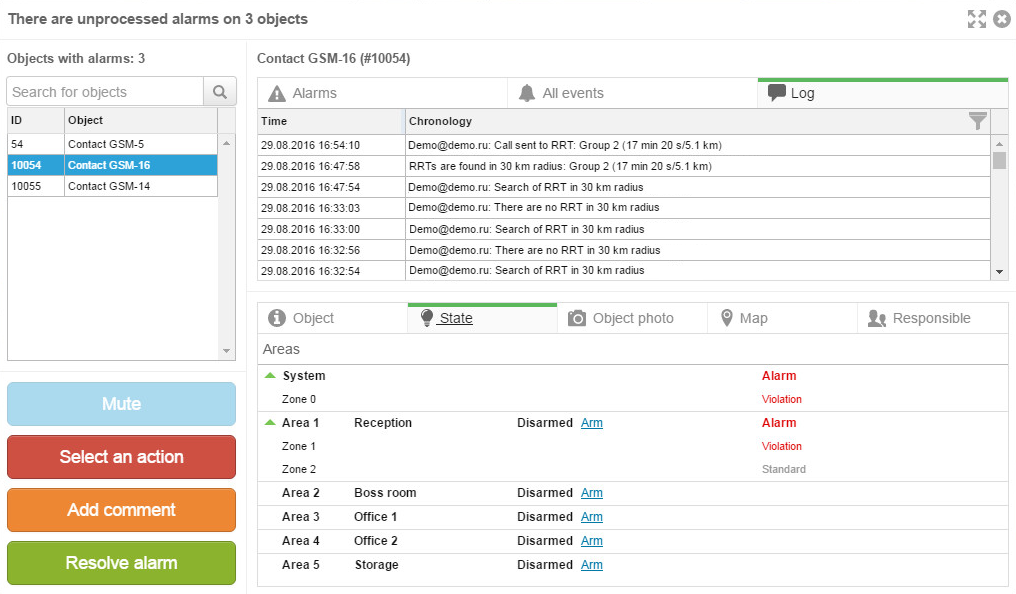 Event log in alarm processing window Event log in alarm processing window